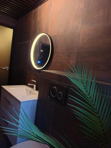 a bathroom with a toilet and a mirror and a plant at Villa Marcie in Kuopio
