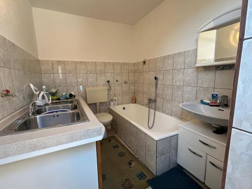 a small bathroom with a sink and a bath tub at Cvetlični Vrt in Radovljica