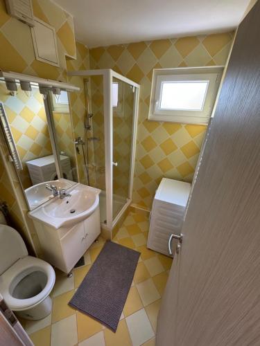 a bathroom with a sink and a toilet and a shower at Apartment Planika Bovec in Bovec