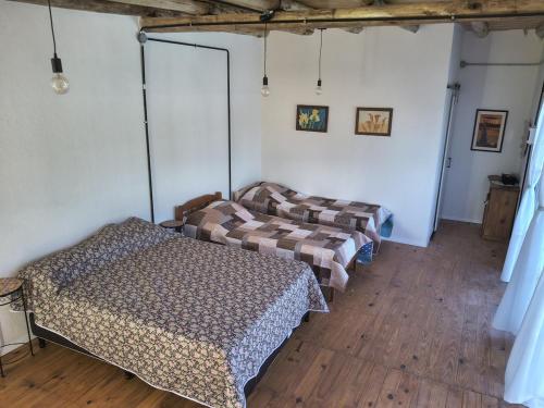 two beds in a room with wooden floors at Hospedaje La Pochi in Mocoretá