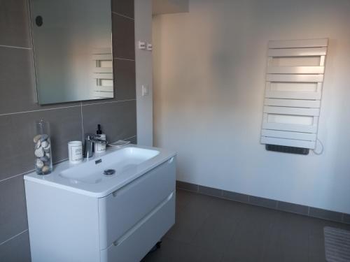a bathroom with a white sink and a mirror at A la ferme chez Christian in Escaudoeuvres