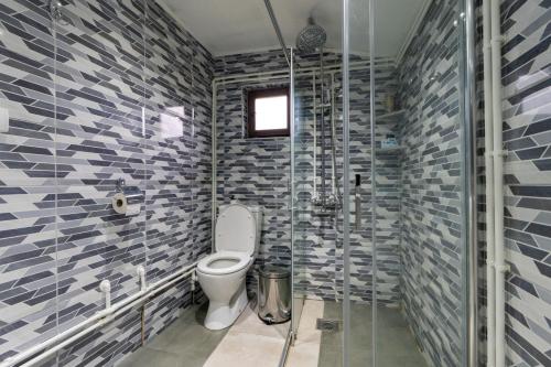a bathroom with a toilet and a glass shower at Kmetova Bajka in Janja