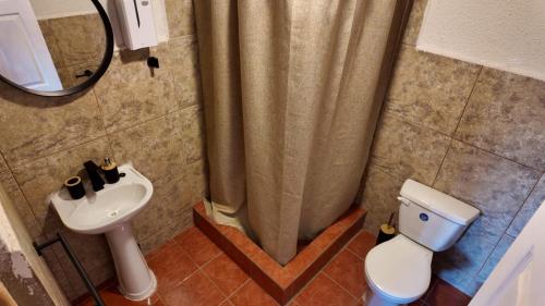a bathroom with a shower curtain and a toilet and a sink at El Rancho B&B in San Pedro de Atacama