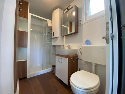a small bathroom with a toilet and a sink at Hausboot Pula - Floating House Water Lily in Pula
