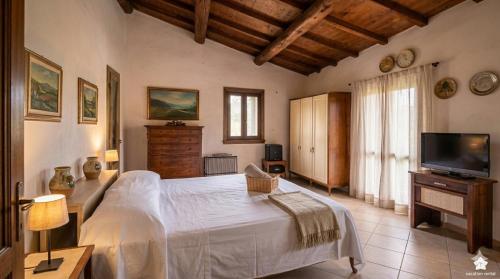 a bedroom with a bed and a flat screen tv at Casa del Borgo, between Mountains and Lake, Near Rome in Canepina