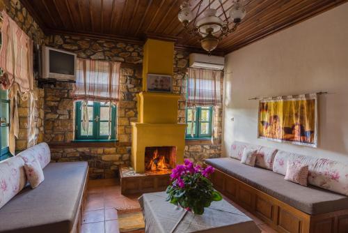 a living room with couches and a fireplace at Platanorema in Agios Ioannis Prodromos