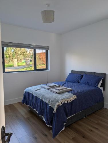 a bedroom with a bed with blue sheets and a window at The Unplugged Snug in Kilkenny