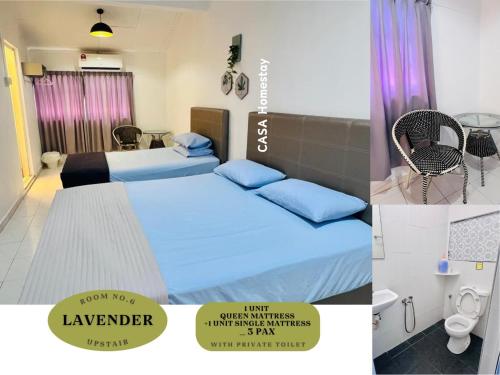 a hotel room with two beds and a bathroom at CASA Homestay in Batu Pahat