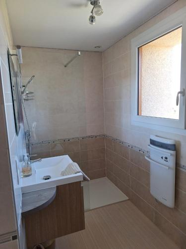 a bathroom with a sink and a shower at Le gîte Bellevue in Firmi