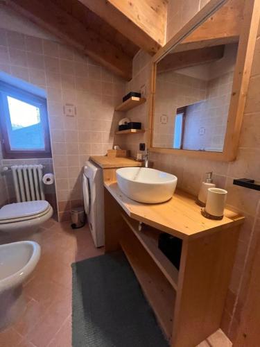 a bathroom with a sink and a toilet and a mirror at Mansarda Mitta Coel in Torre di Santa Maria