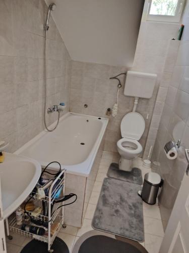 a bathroom with a tub and a toilet and a sink at Vikend kuća na Dunavu - Vila Čoče in Kovin
