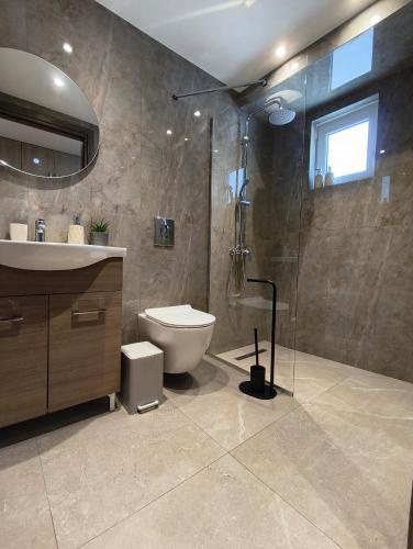 a bathroom with a toilet and a sink and a shower at Agathi Paradise Studios in Haraki