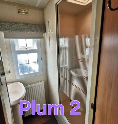 a small bathroom with a sink and a mirror at Plum 2, luxury 3 bed 8 berth, gas central heating, bedding included, Static caravan with large wrap around secure veranda on Coral Beach in Ingoldmells in Ingoldmells