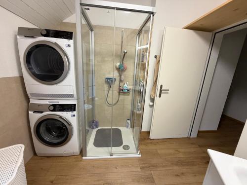 a washing machine and a shower in a bathroom at Berna Signau Hab N3 Parking Naturaleza Terraza in Signau