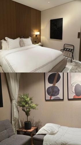 zwei Bilder eines Schlafzimmers mit einem Bett und einer Couch in der Unterkunft Nahi Suite in Yanbu