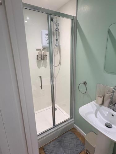 a bathroom with a shower and a sink at Clover Road Guest Suite in Swaffham