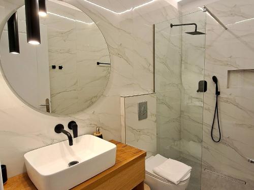 a bathroom with a sink and a shower at Foinikounta view in Finikounta