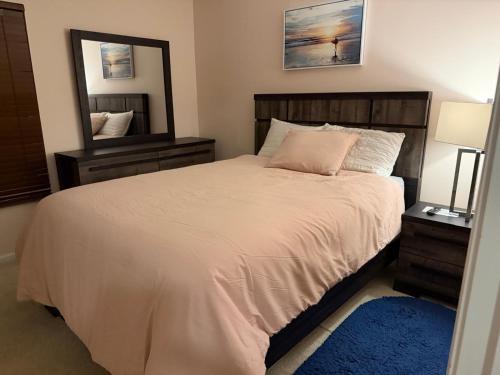 a bedroom with a large bed and a mirror at Beautiful Bed and Bath in South Charlotte in Charlotte