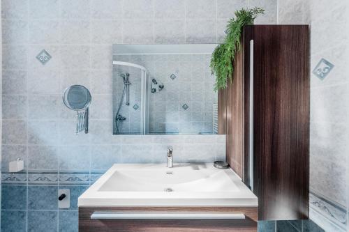 a bathroom with a white sink and a mirror at Hisa Lina near Bovec in Srpenica