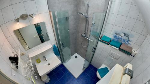 a bathroom with a shower and a sink at Ostseeferienwohnung - Bossert in Kronsgaard