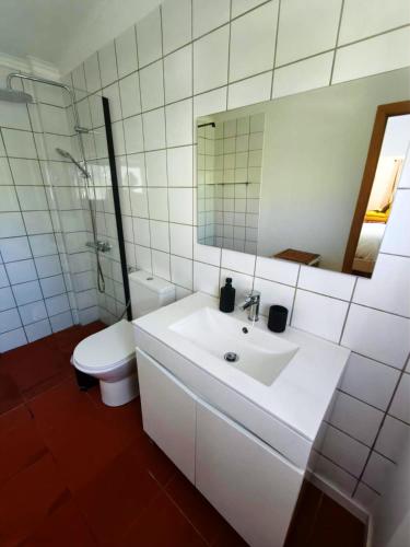 a bathroom with a sink and a toilet and a mirror at Oficina do Avô in Villa Nogueira