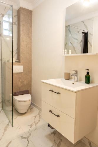 a bathroom with a toilet and a sink at Studio Glen in Târgu-Mureş