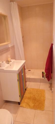 a bathroom with a sink and a toilet and a shower at Dom Leśny in Wachów