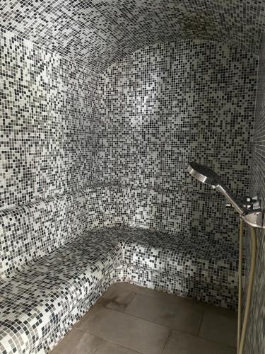 a shower in a bathroom with a tiled wall at One-Bedroom Apartment with Terrace, Sea View, Pool and Spa Lavender Bay Morinj in Donji Morinj