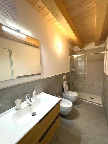 a bathroom with a sink and a toilet and a mirror at Casa ecologica Ai Ronchi in Gallio
