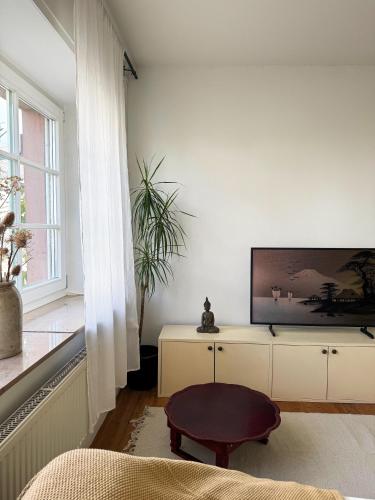 a living room with a tv and a coffee table at NAO Eifelhaus von 1875 mit Garten in Üxheim