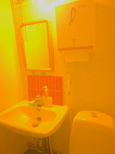 a bathroom with a sink and a toilet and a mirror at Koskelo in Kiuruvesi