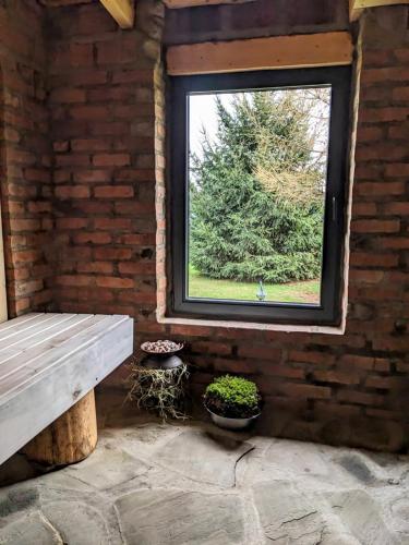a window in a brick room with a bench and plants at Vasanna in Kosiv