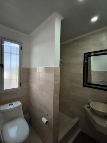 a bathroom with a toilet and a sink and a mirror at ÁMBAR DEPARTAMENT boutique in Monte Grande