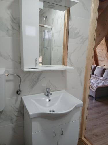 a bathroom with a white sink and a mirror at Vikendica Bogdanović in Nova Varoš