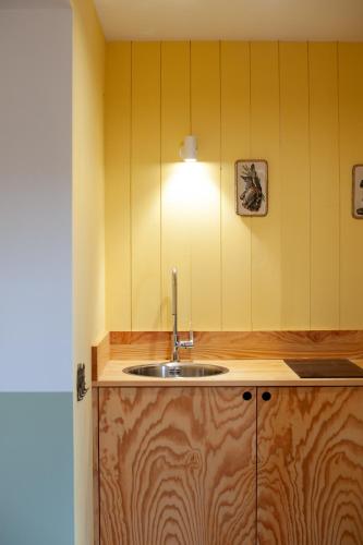 a kitchen with a sink and a light on the wall at Cabanon Régina in Lège-Cap-Ferret