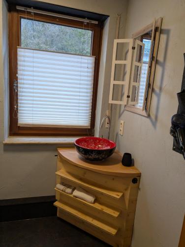 ein Badezimmer mit einer roten Schüssel auf einer Ablage in der Unterkunft FeWo Opolt mit Sauna in Medebach