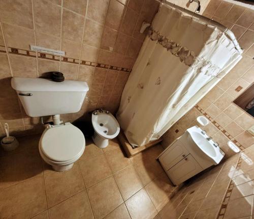a bathroom with a toilet and a sink and a shower at Cabañas Desde Las Estrellas in Merlo