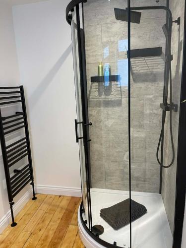 a shower with a glass door in a bathroom at 3 Harbour Lights, Newlyn in Penzance