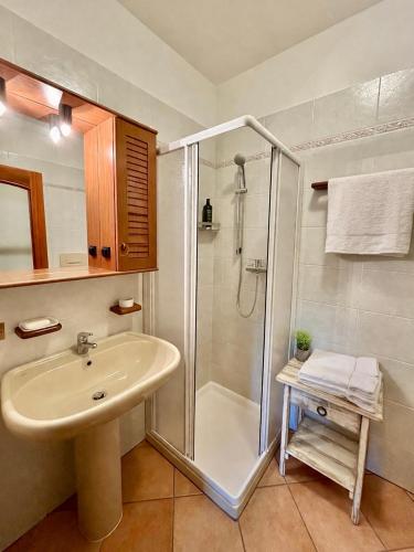 a bathroom with a shower and a sink at Il nido di Lera in Lenno