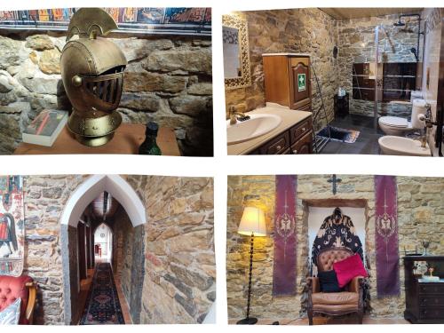 a collage of four pictures of a bathroom at Sintra Knights Lodge in Terrugem
