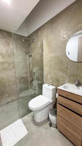 a bathroom with a toilet and a sink and a shower at Loft del Río - Apartaestudio Completo - Aire Acondicionado, Parqueadero, WiFi, Pet Friendly in Honda