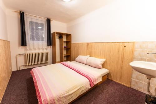 a small bedroom with a bed and a sink at Celá Horská Chata Maty - až 25 lůžek in Dolni Dvur