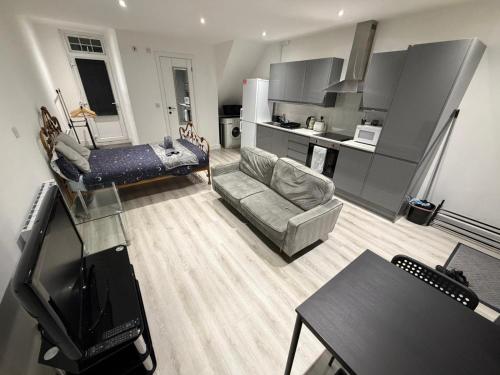 a living room with a couch and a tv at Private Studio near Watford Junction in Leavesden Green