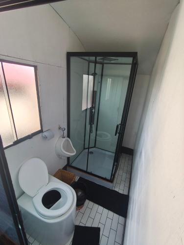 a bathroom with a toilet and a walk in shower at LAKE TITICACA LODGE in Puno
