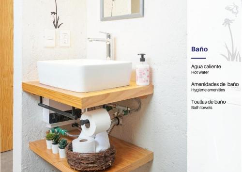a bathroom with a sink on a wooden shelf at Portal M Chalets in Chalma