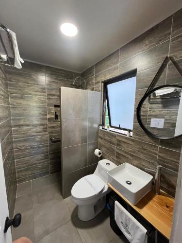 a bathroom with a toilet and a sink and a mirror at Wincarayen Lodge & Cabañas in Panguipulli