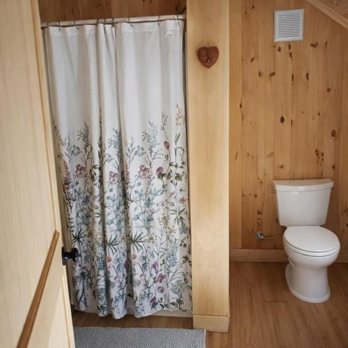 a bathroom with a toilet and a shower curtain at Cozy Coastal Hideaway with Harbor Views in Tremont
