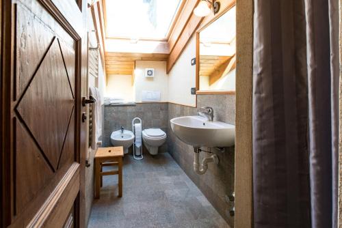 a bathroom with a sink and a toilet and a window at Hotel Lo Campagnar in Courmayeur