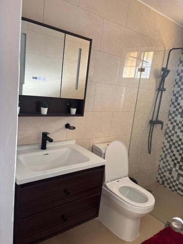 a bathroom with a sink and a toilet and a shower at Terraza Marina in Bajos de Haina