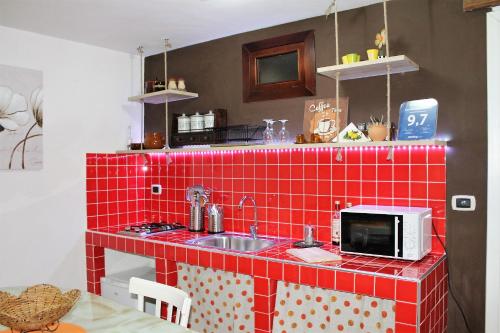 a red tiled kitchen with a sink and a microwave at Guest House La Casetta in Piazza Armerina